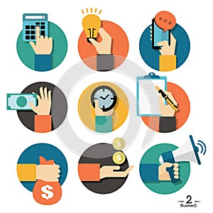 Hands with business object icons set