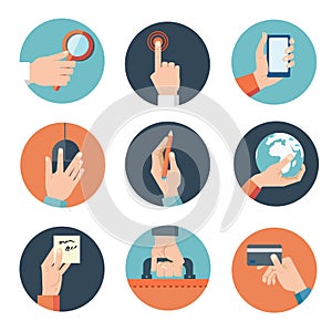Hands with business object icons set, Flat Design Vector illustration