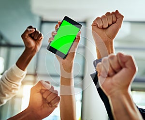 Hands of business people cheering and celebrate good news on a phone with chroma key, green screen for copy space