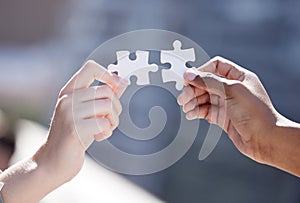 Hands, business people and connect with puzzle for teamwork with company merger or support. Collaboration, partner and