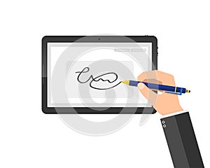 Modern handwritten digital signature on tablet. Vector illustration photo