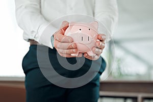 Hands, businessman and piggy bank for money, saving and finance or budget for wealth increase. Male person and money box