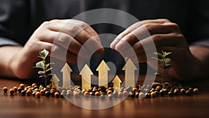 Hands of businessman protecting plant with growing arrows on table, closeup