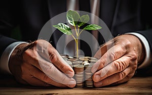 Hands of businessman protection plant sprouting growing from coins and banknotes, business investment and strategy concept