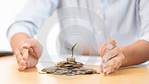 Hands of businessman putting coin into plant sprouting growing up to profit, demonstrating financial growth through saving plans