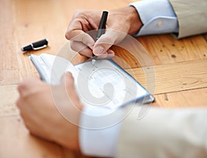 Hands, businessman sign cheque or accountant closeup and signature for consent or confirmation. Finance or payment