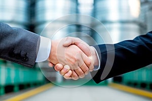 Hands of businessmen close-up, shaking hands on the background of the granary