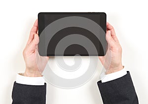 Hands businesswoman and black tablet