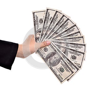 Hands of businesswoman carrying a lot of money dollars