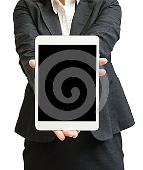 Hands of a businesswoman holding blank tablet device