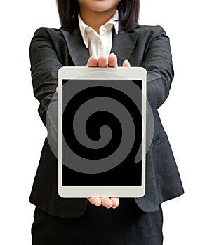 Hands of a businesswoman holding blank tablet device