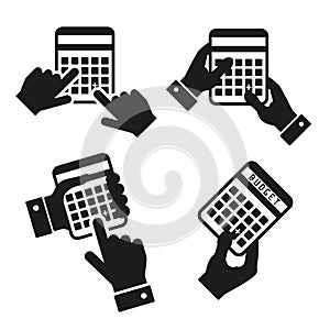 Hands with calculators vector icons