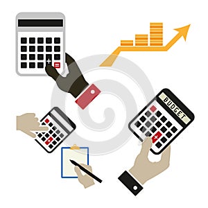 Hands with calculators vector icons