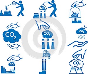 Hands capture co2 cloud icon, co2 cloud icon, co2 hand capture blue vector icon