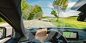 Hands of car driver on steering wheel, road trip, driving on highway road