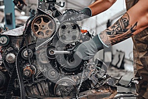 Hands of car mechanic repairs the car engine in auto repair service