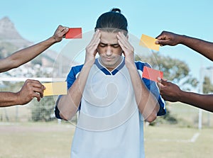 Hands, card and man with stress from soccer, training headache and warning on the field. Sports, burnout and frustrated