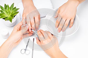 Hands care in the spa. Beautiful woman`s hands with perfect manicure