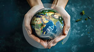 Hands carefully hold a globe, symbolizing unity, diversity, and global cooperation. AI generated