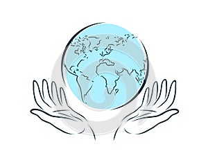 Hands carefully keeps globe. World, travel, ecology logo. vector illustration