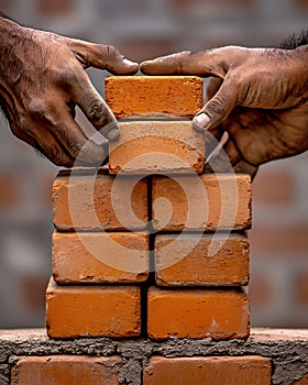 Hands carefully placing bricks in a wall