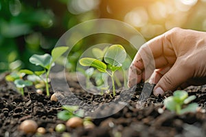 Hands carefully planting young seedlings in fertile soil, symbolizing growth and sustainability.