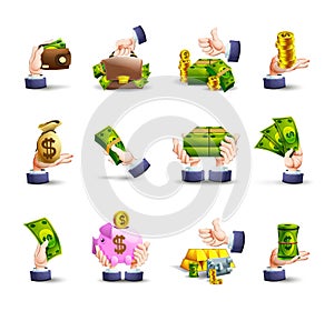 Hands cash payment icons set