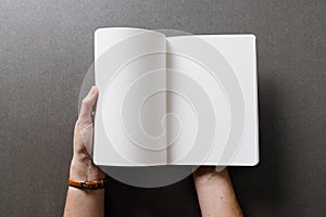 Hands of caucasian woman holding book with copy space on grey background