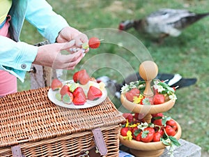 Hands of caucasian woman preparing fruit barbecue from strawberries, grapes, cheese