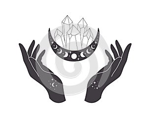 Hands with celestial mystical symbols. Mystical, esoteric or healing crystals. Linear art. Editable strokes. Vector