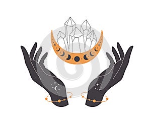 Hands with celestial mystical symbols. Mystical, esoteric or healing crystals. Linear art. Editable strokes. Vector illustration