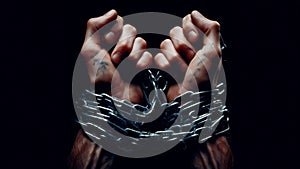 Hands chained in chains isolated on black background. Generated AI