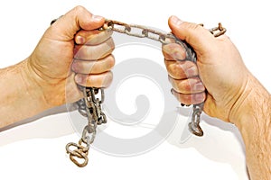 Hands in chains isolated on white background