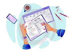 Hands with checklist. Cartoon concept with arms holding organizer and writing check marks. Day schedule. Task planning. Top view