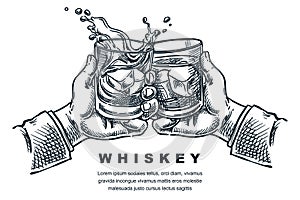 Hands cheers toast with whiskey or bourbon glasses. Vector hand drawn sketch illustration. Alcohol drinks label design
