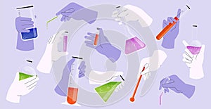 Hands with chemicals. Medical scientist with test tubes and measuring tools. Chemist with bacteriological flask and