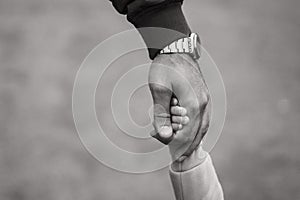 Hands of a child and dad close up. Dad carefully holds the child& x27;s hand. Black and white photography of hands