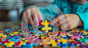 Hands of a child doing a puzzle at table