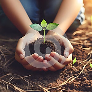 Hands child holding young plants on the back soil in the nature park of growth of plant