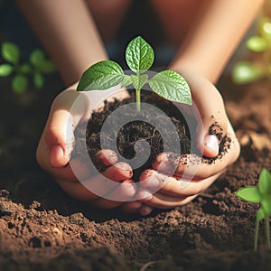 Hands child holding young plants on the back soil in the nature park of growth of plant