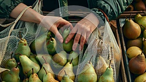 Hands Selecting Fresh Pears.AI generated image