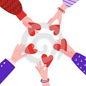 Hands in circle with hearts. Friendship concept. People holding hearts together. Characters palm with symbol of love ond frienship