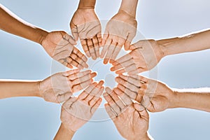 Hands in circle, teamwork or business people with support, collaboration or team building for mission success from below