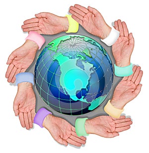 Hands circling world globe