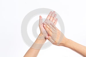 Hands clap in front of white background
