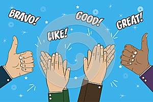 Hands clapping, applause and thumb up gesture. Congratulations concept illustration with text - bravo, great, like, good. Vector.