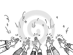 Hands clapping ovation. applause, thumbs up gesture on doodle style