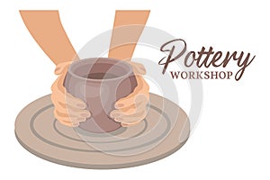 Hands and clay pot on a potter\'s wheel, pottery studio. Hobby concept. Illustration, clip art vector