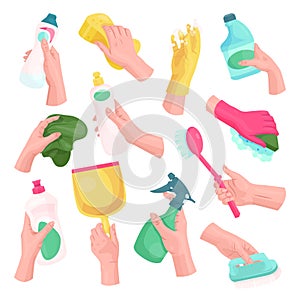Hands with cleaning tools and cleanser rag