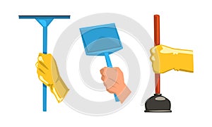 Hands with Cleaning Tools Set, Hand Holding Squeegee, Scoop, Plunger Cartoon Vector Illustration